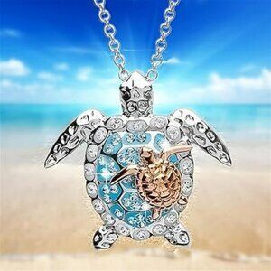 Blue Opal Sea Turtle Pendant Necklace Ocean w Silver Fashion Statement Jewelry